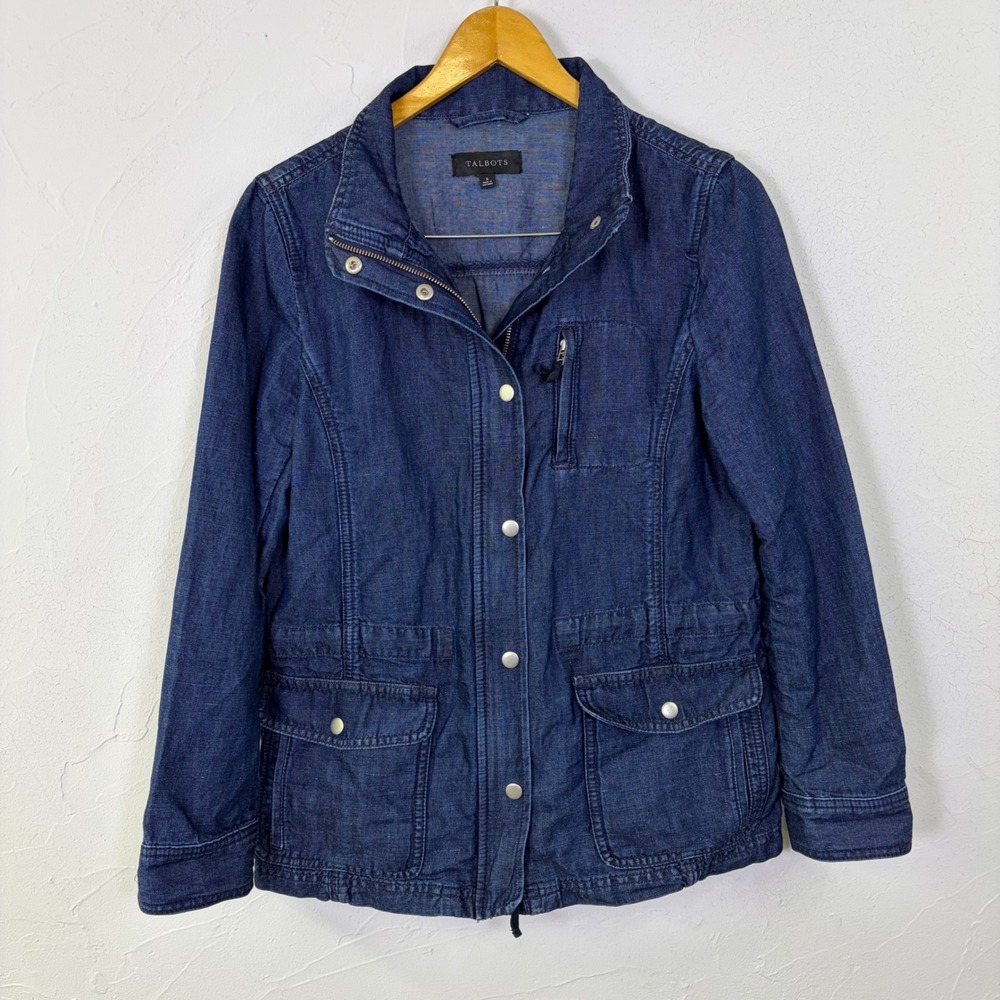 Talbots Denim Utility Jacket Womens Small Blue Cotton Hemp Field Coat Cottage